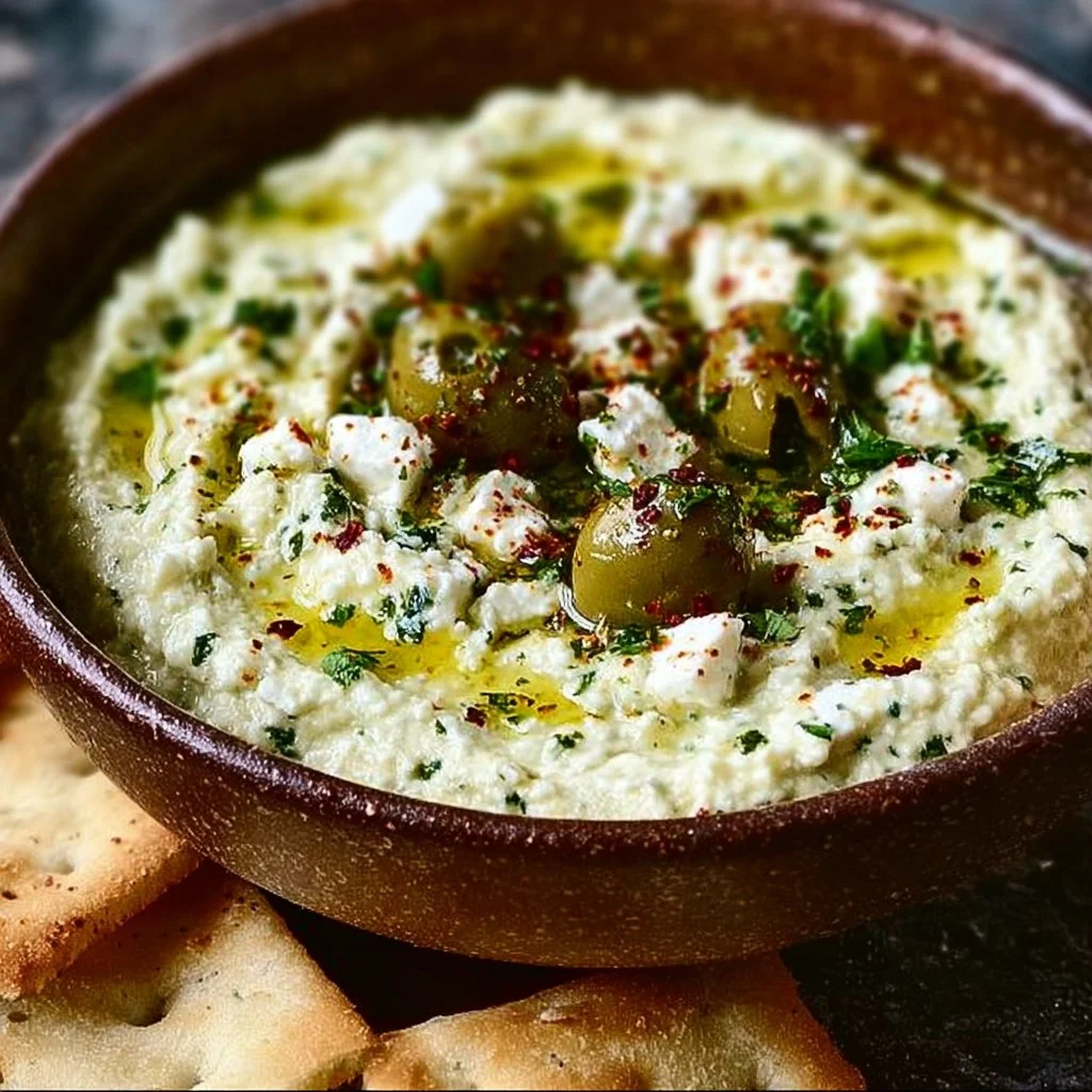 Green olive and feta cheese dip served in a bowl with crackers