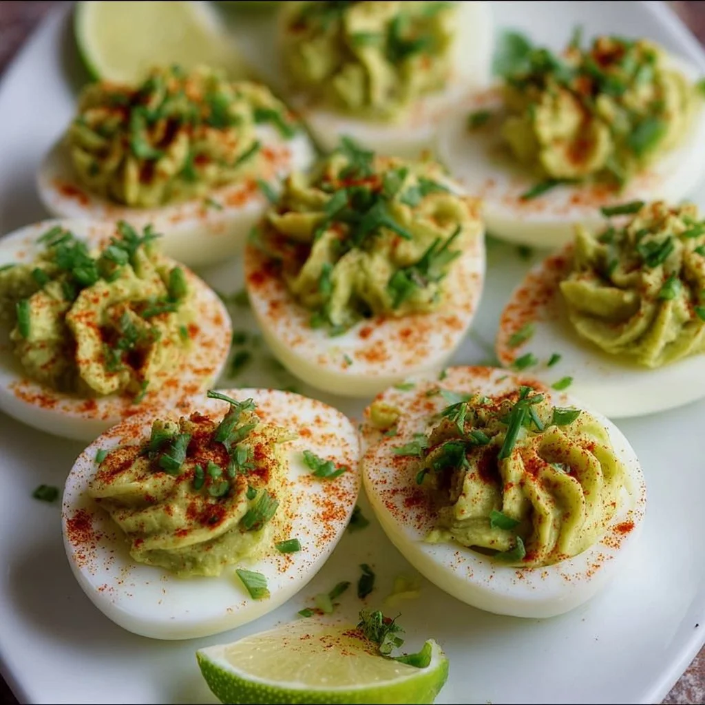 Guacamole deviled eggs served on a platter with garnishes