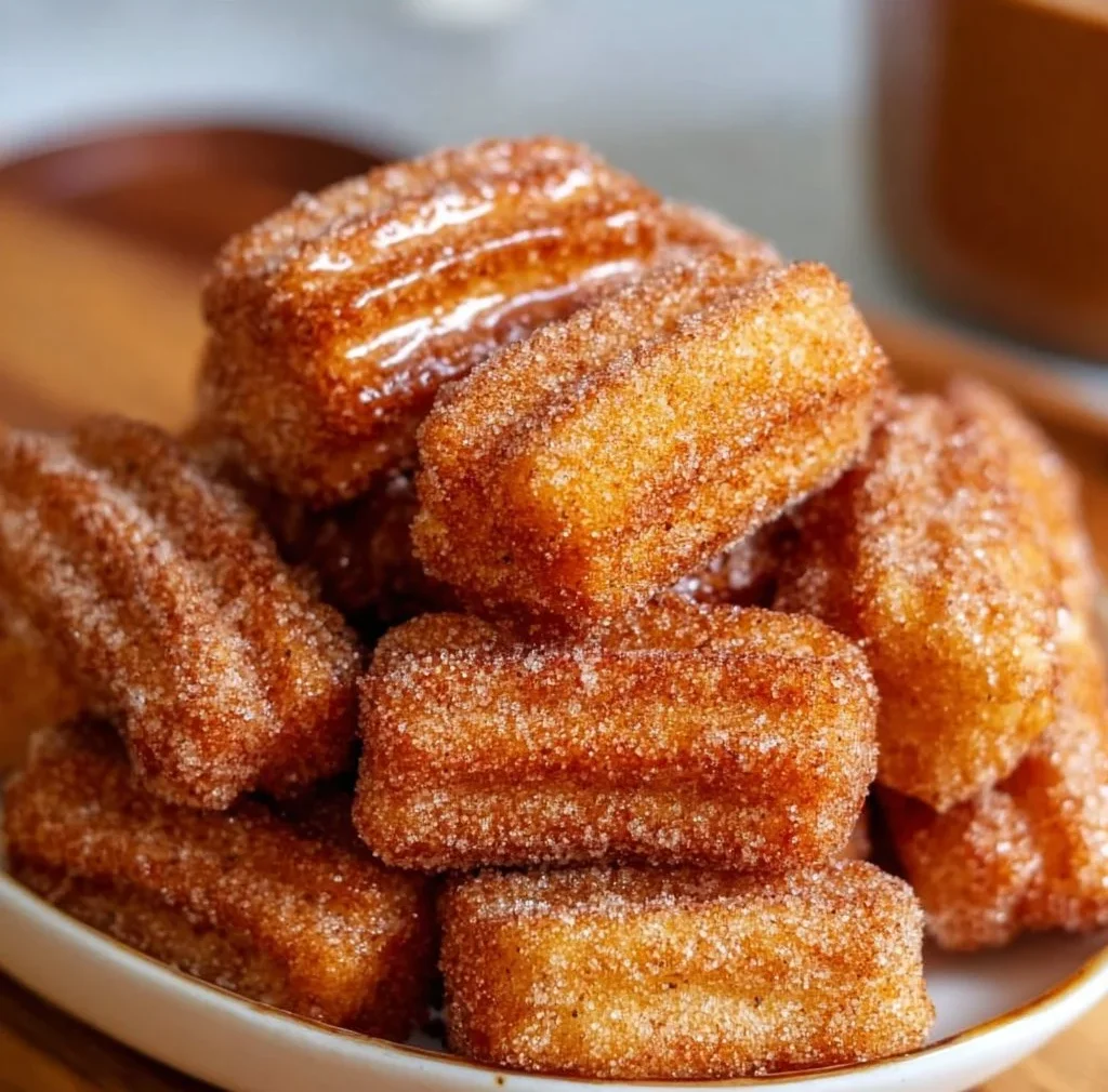 Healthy baked churro bites served on a plate with cinnamon sugar topping