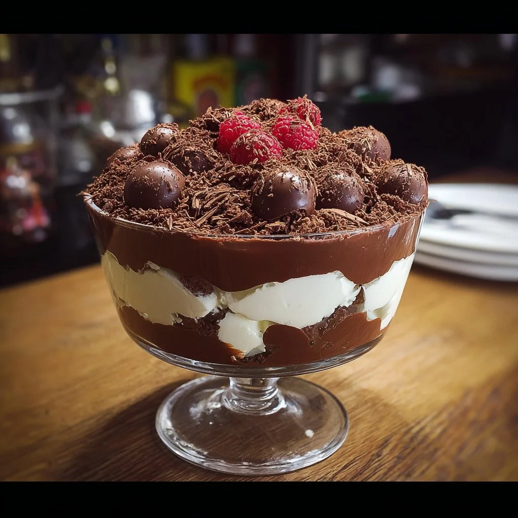 Heavenly chocolate cheesecake trifle layered dessert with rich chocolate and creamy cheesecake