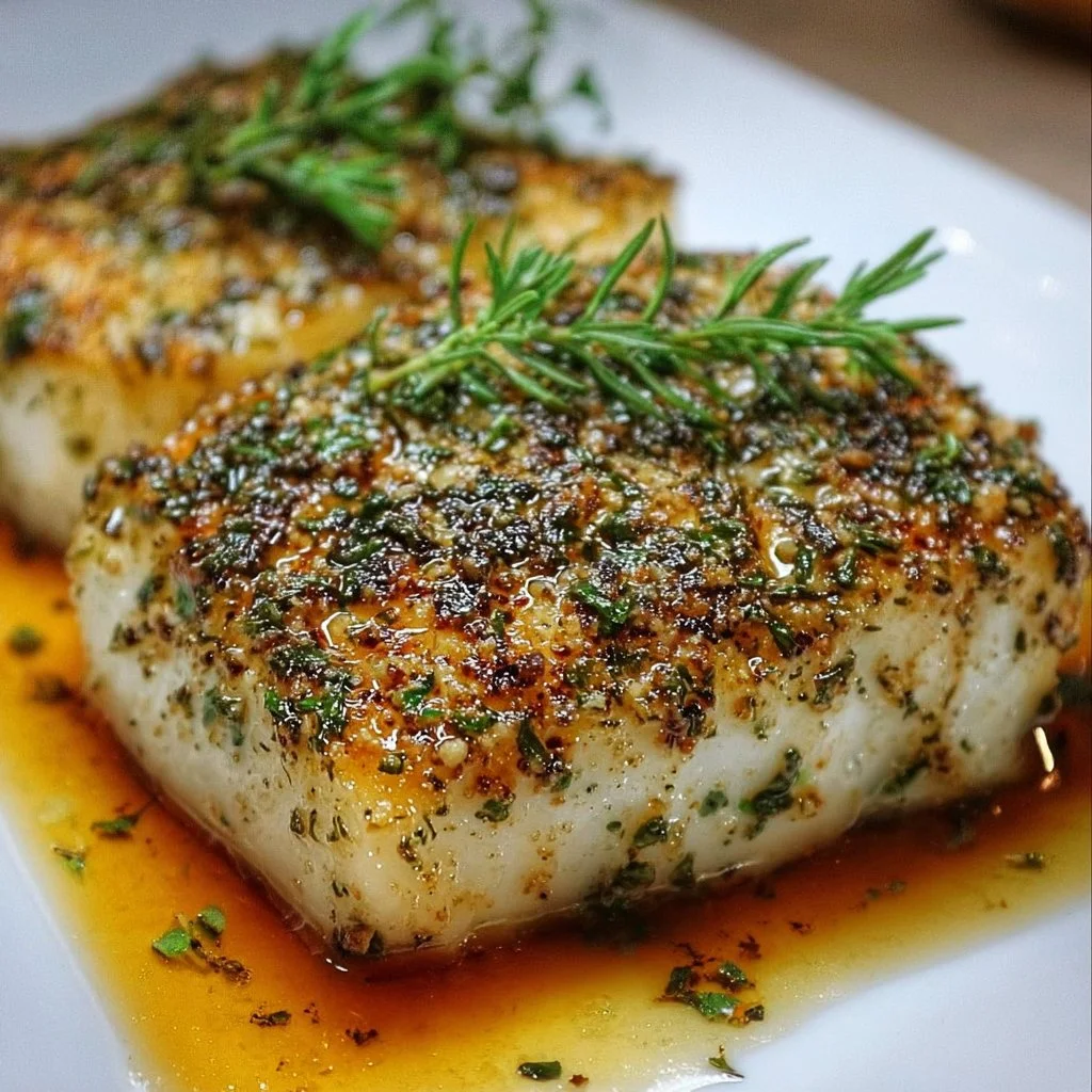 Plate of Herb Crusted Halibut garnished with fresh herbs and served with vegetables