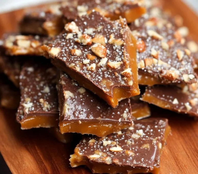 Delicious homemade English toffee with nuts and chocolate topping