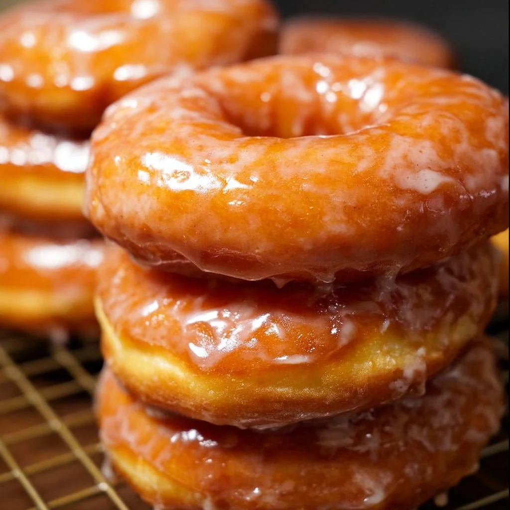 Freshly made homemade glazed donuts on a plate