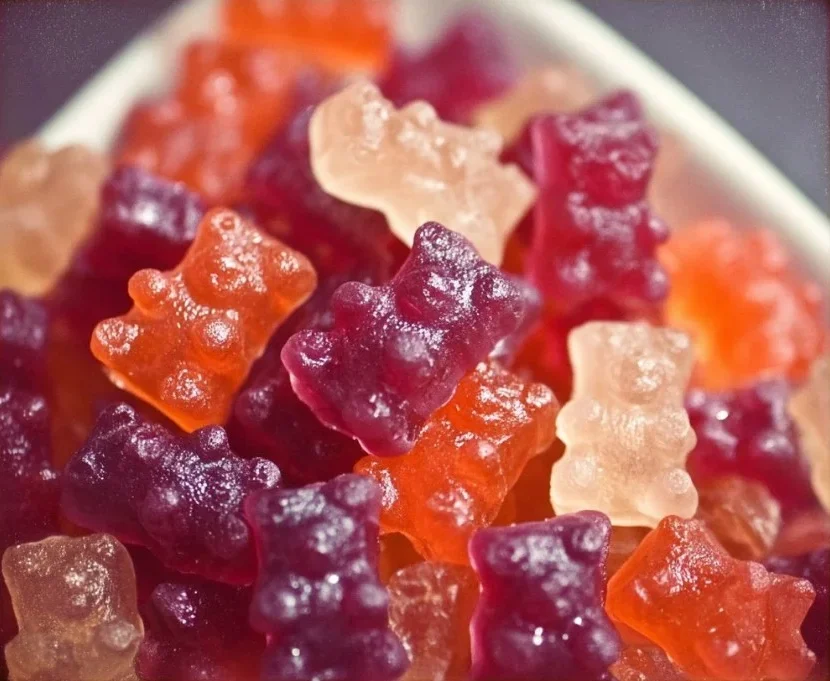 Colorful homemade gummy bear fruit snacks in a bowl