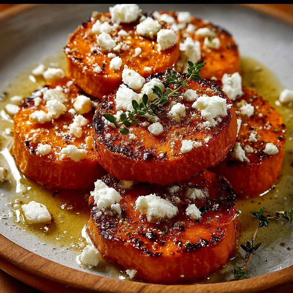 Honey Feta Sweet Potato rounds with drizzled honey and feta cheese