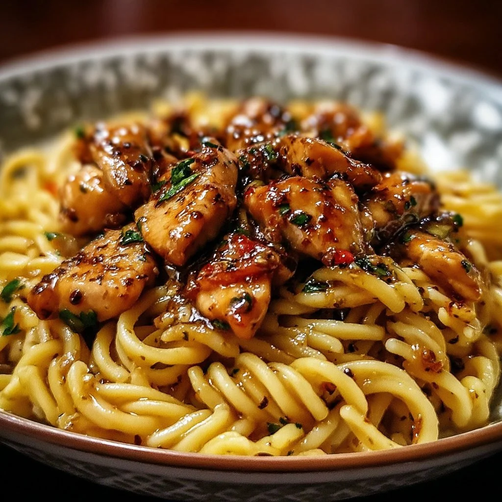 Delicious Honey Pepper Chicken Pasta served on a plate with herbs and garlic
