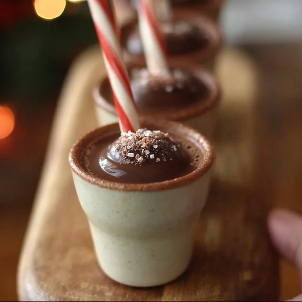 Delicious hot chocolate shots served in small glasses with whipped cream.