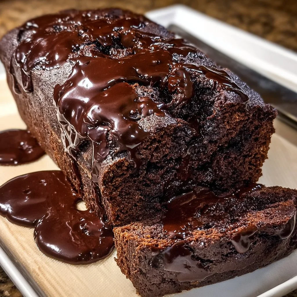Delicious Hot Fudge Brownie Bread with a rich chocolate glaze