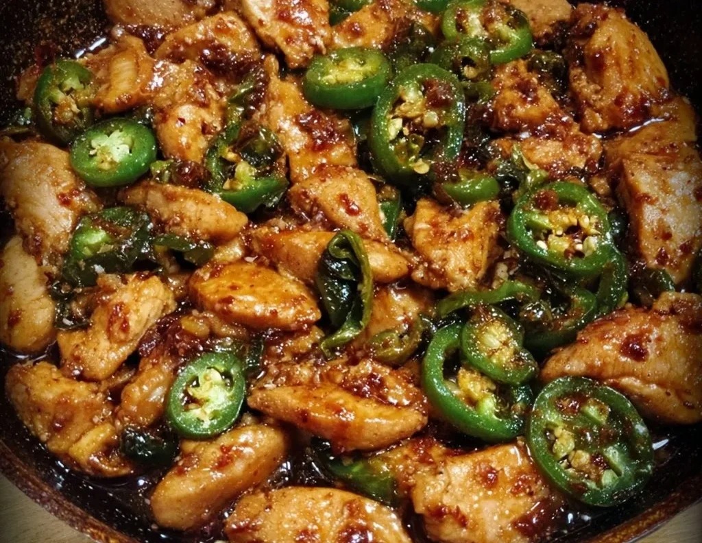 Spicy jalapeno chicken served with vegetables on a plate