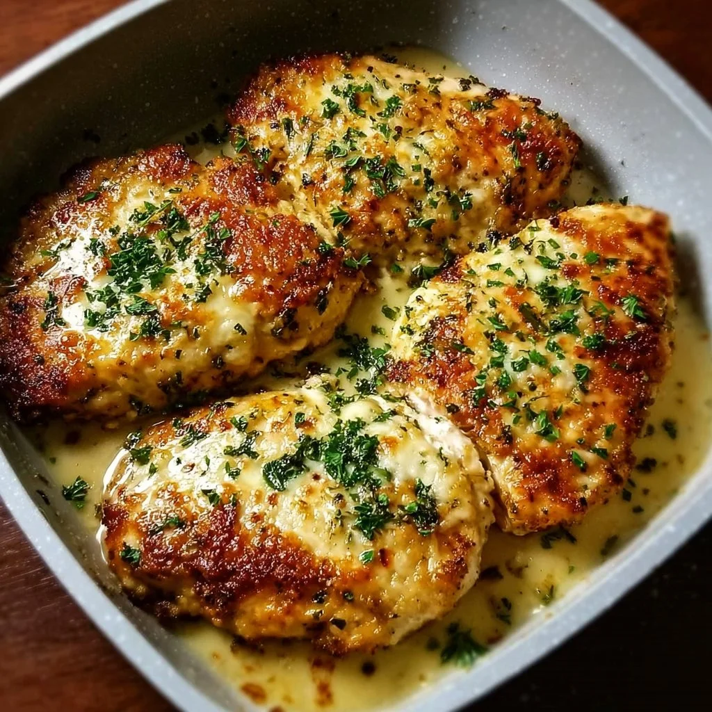 Keto Garlic Parmesan Chicken on a plate garnished with herbs