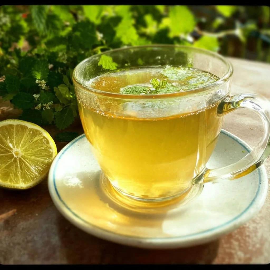 A cup of lemon balm tea with fresh lemon balm leaves for weight loss benefits.
