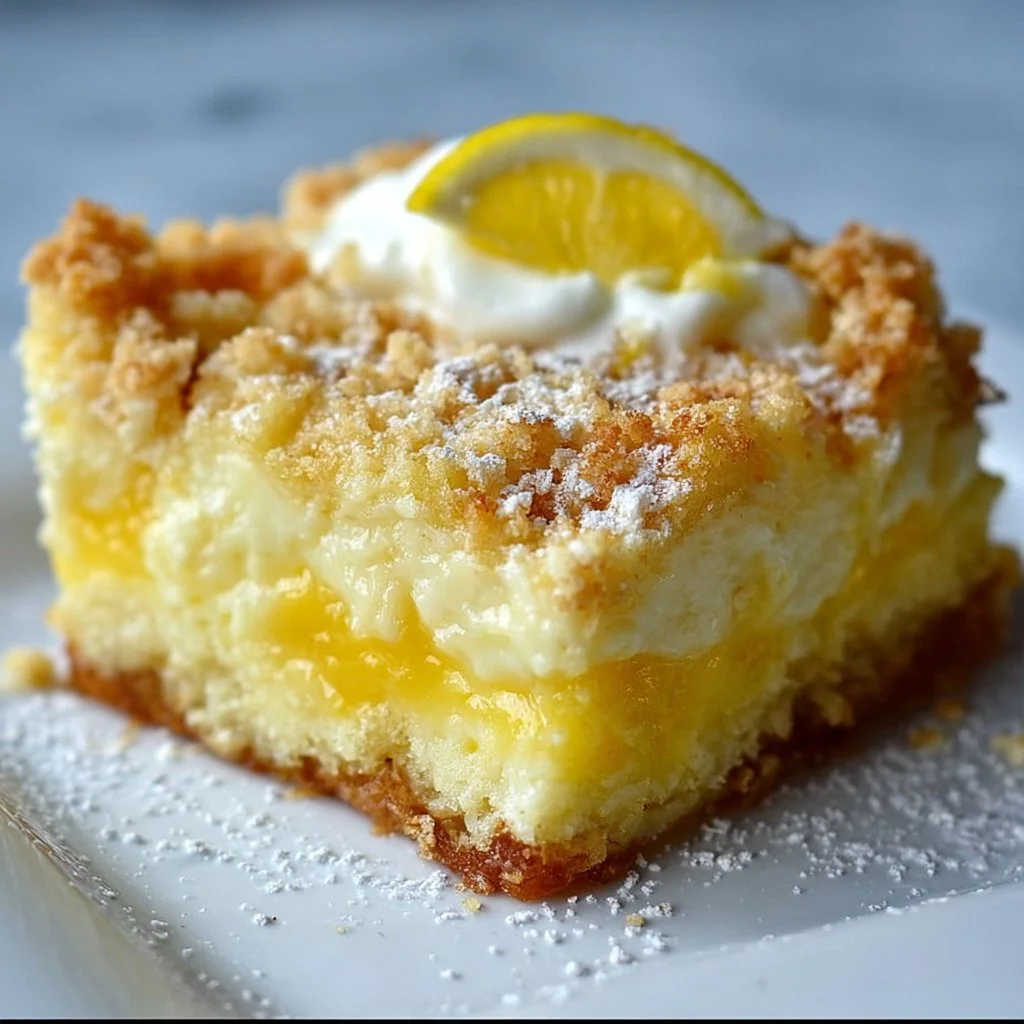 Lemon Cream Cheese Dump Cake topped with fresh lemon slices and whipped cream