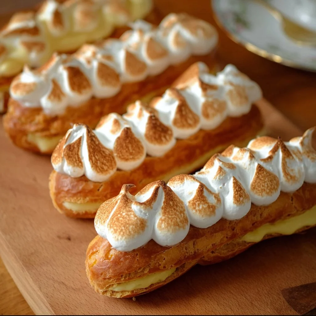 Lemon Meringue Éclairs topped with fluffy meringue and lemon zest
