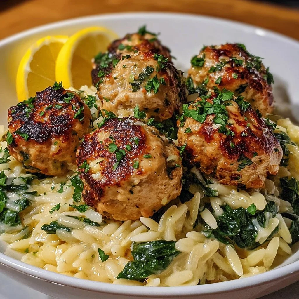 Plate of Lemony Chicken Ricotta Meatballs served over Garlic Spinach Orzo