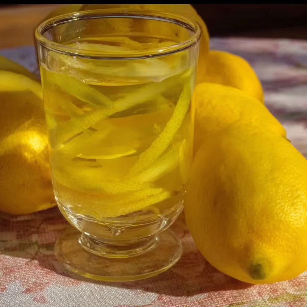 Bottle of homemade limoncello with lemon slices and herbs