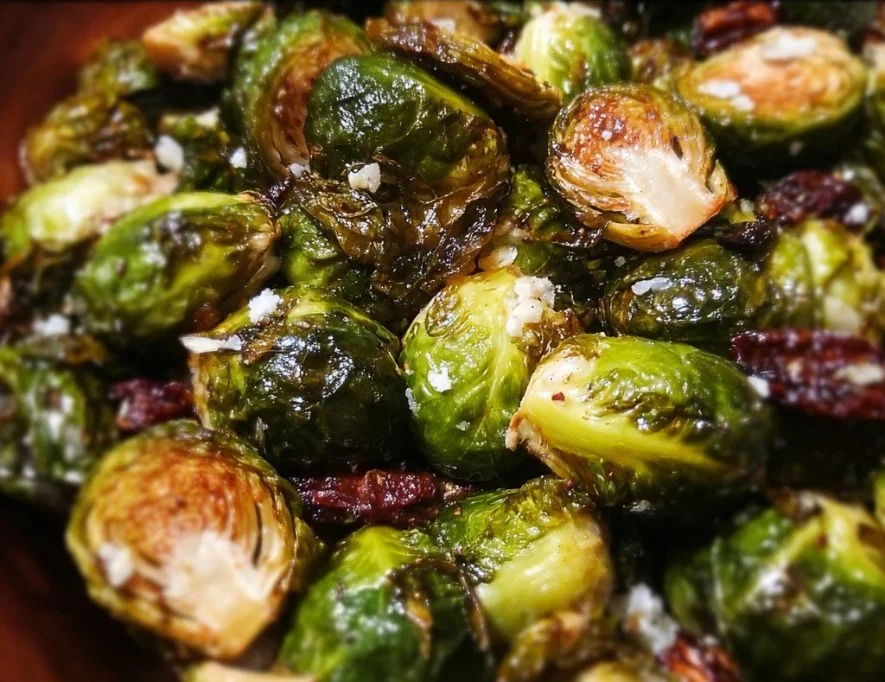 Maple-Balsamic Roasted Brussels Sprouts on a baking tray