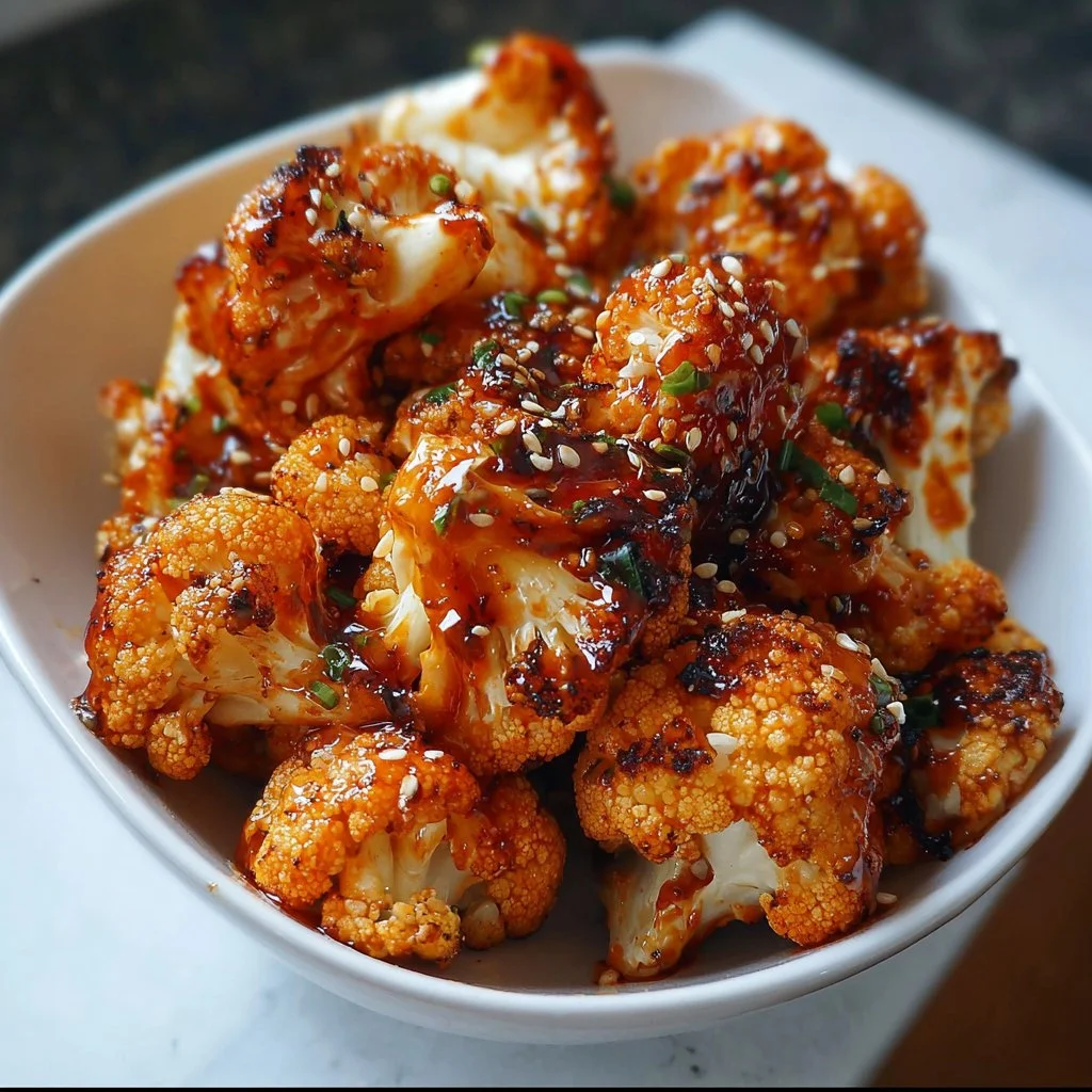 Delicious Maple Sriracha Roasted Cauliflower dish served in a bowl.