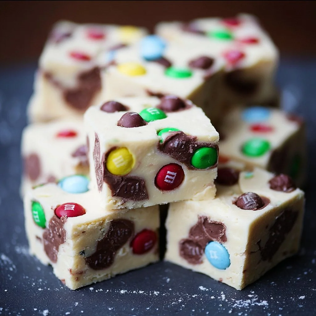 Delicious Marshmallow M&M Fudge topped with colorful candy coating