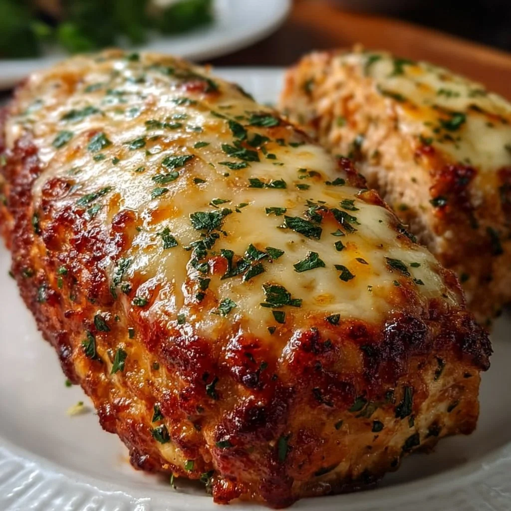 Melt-in-your-mouth garlic parmesan chicken meatloaf served on a plate.