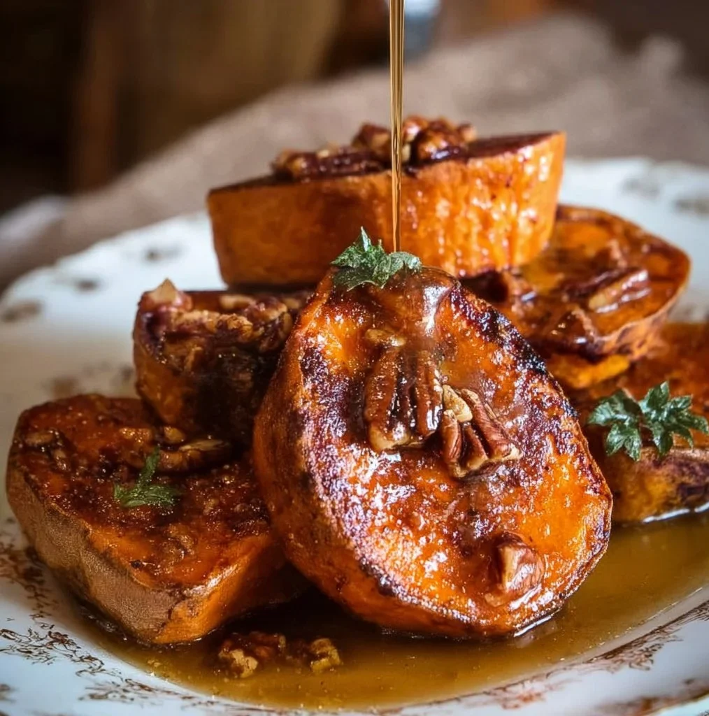 Melting sweet potatoes roasted with maple pecan sauce on a plate