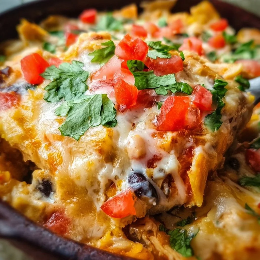 Delicious Mexican Chicken Casserole topped with cheese and served on a plate