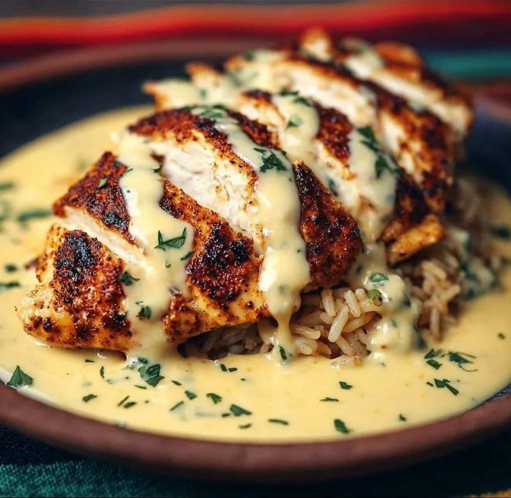 Plate of Mexican Chicken drizzled with rich cheese sauce on a colorful table.