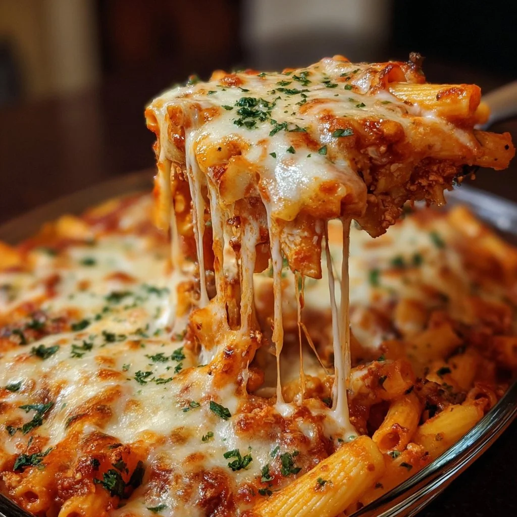 Delicious million dollar baked ziti topped with melted cheese and herbs