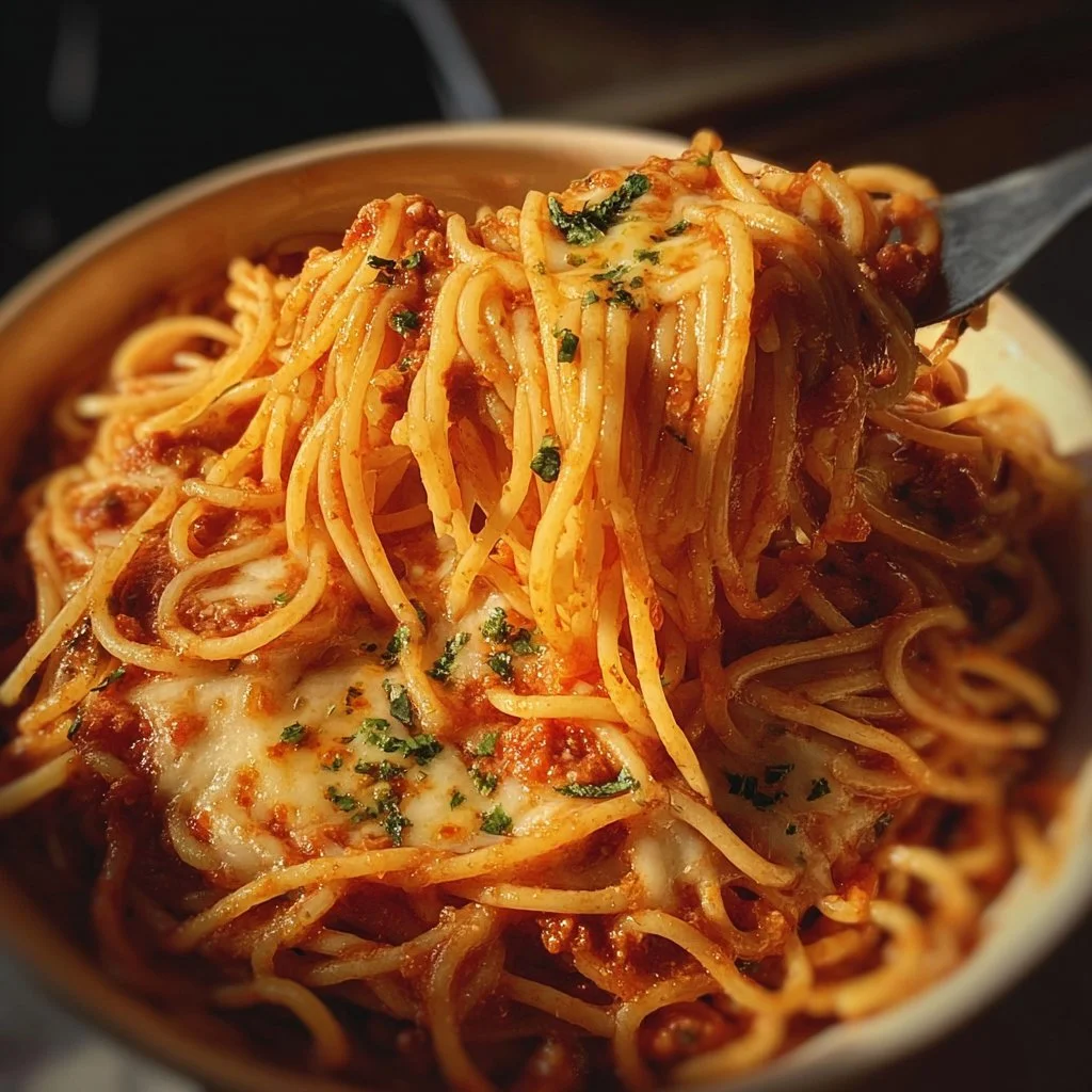 A plate of Million Dollar Spaghetti topped with cheese and herbs, showcasing its delicious layers.