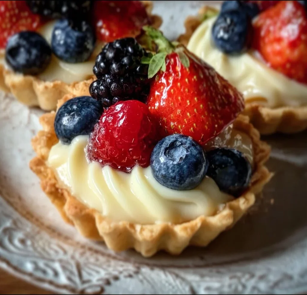 Mini fruit tarts topped with vibrant fruits and creamy pastry.