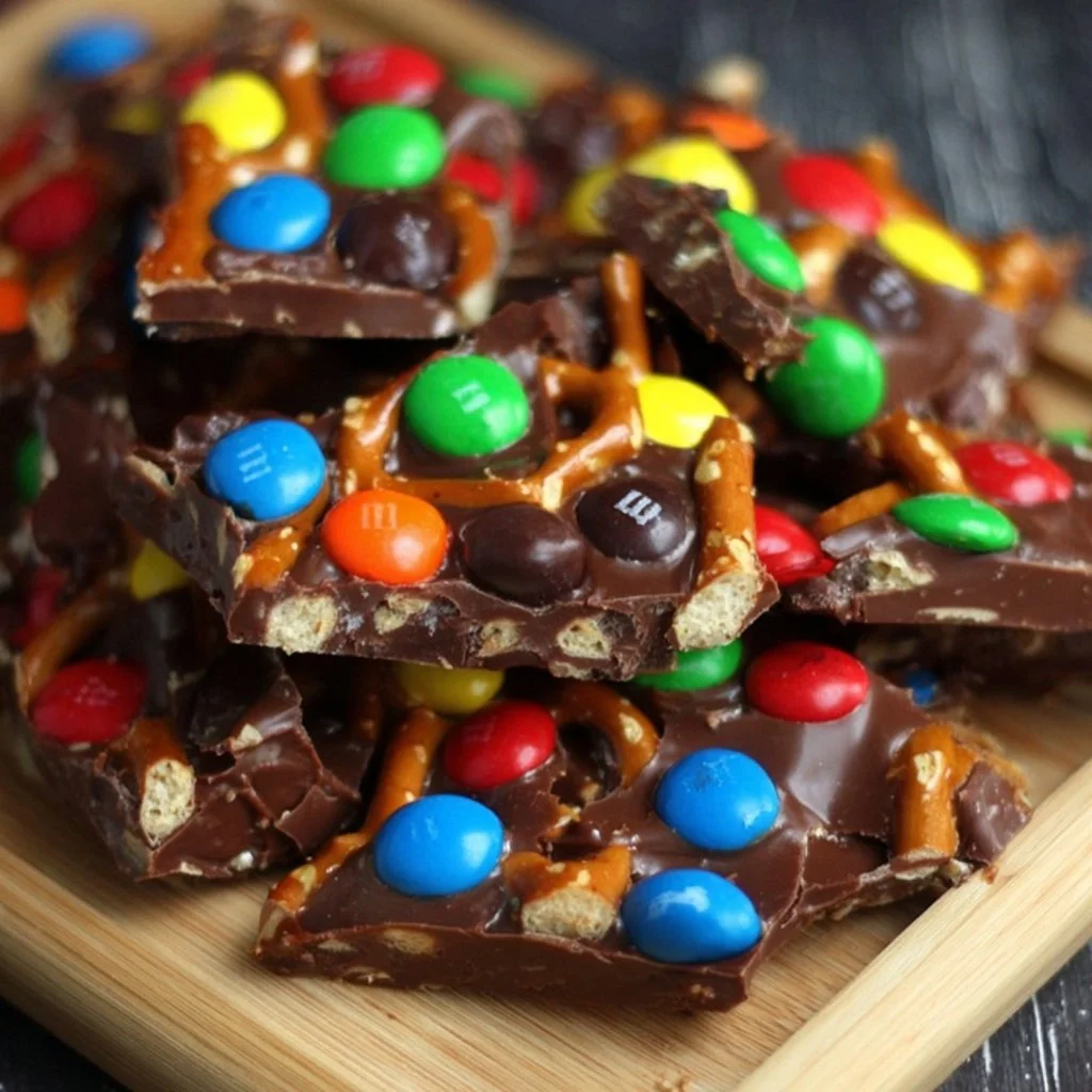 M&M's® Crispy Pretzel Bark with chocolate, pretzels, and colorful candies