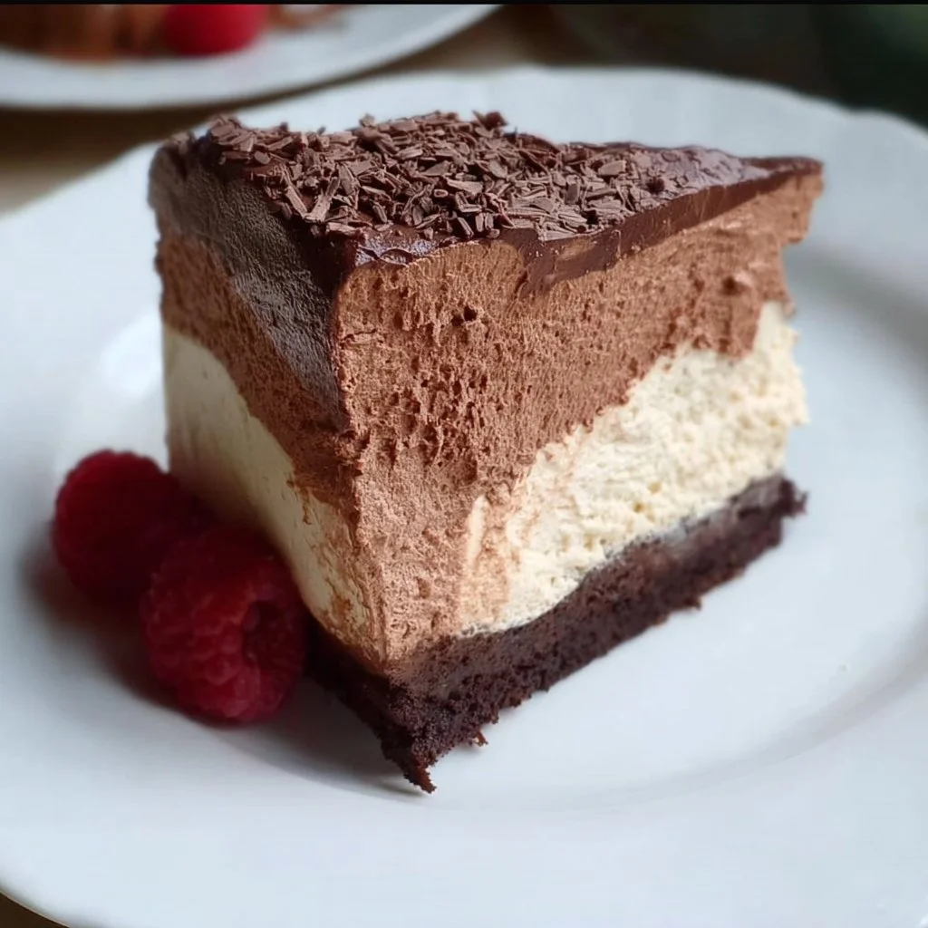 Delicious slice of Mocha Mousse Cake adorned with cocoa powder and coffee beans
