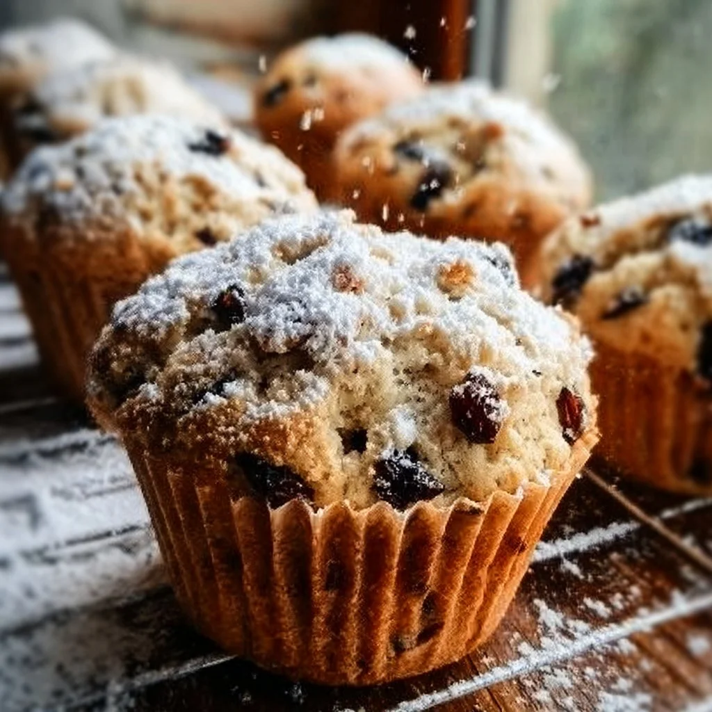 Moist Christmas Stollen Muffins topped with powdered sugar and festive decorations