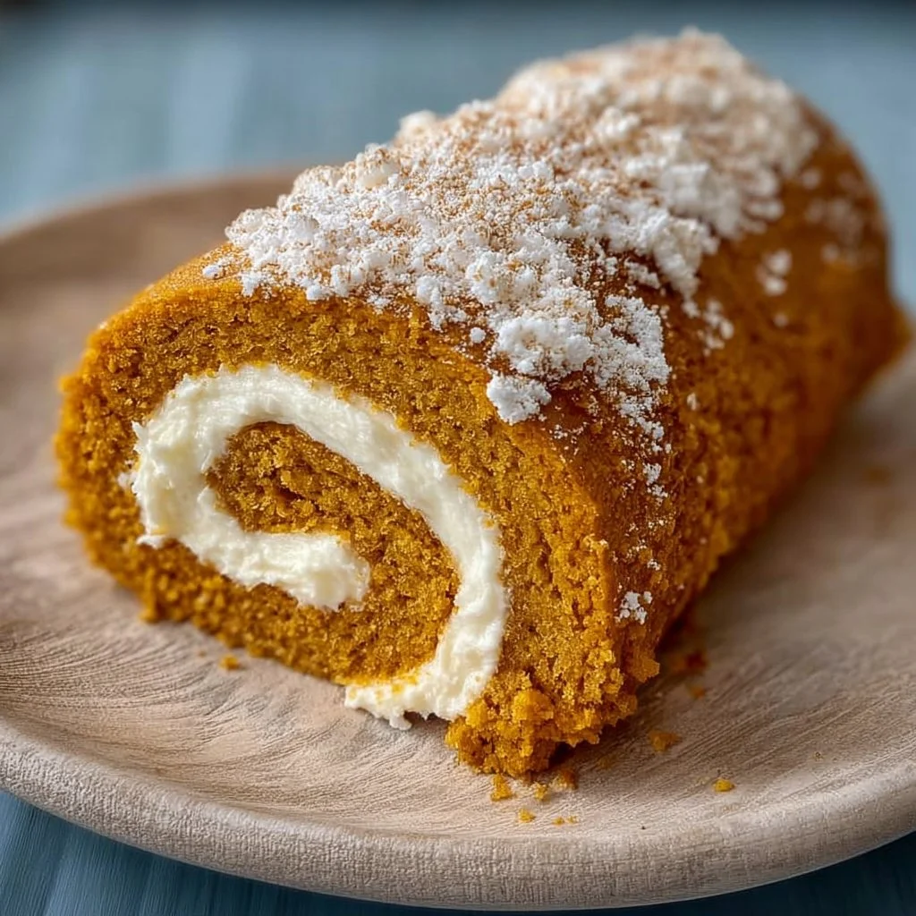 Delicious pumpkin spice roll cake topped with cream cheese frosting, perfect for autumn.