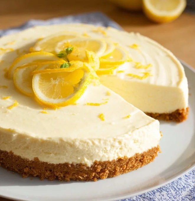 No Bake Lemon Cheesecake topped with fresh lemon slices and mint leaves