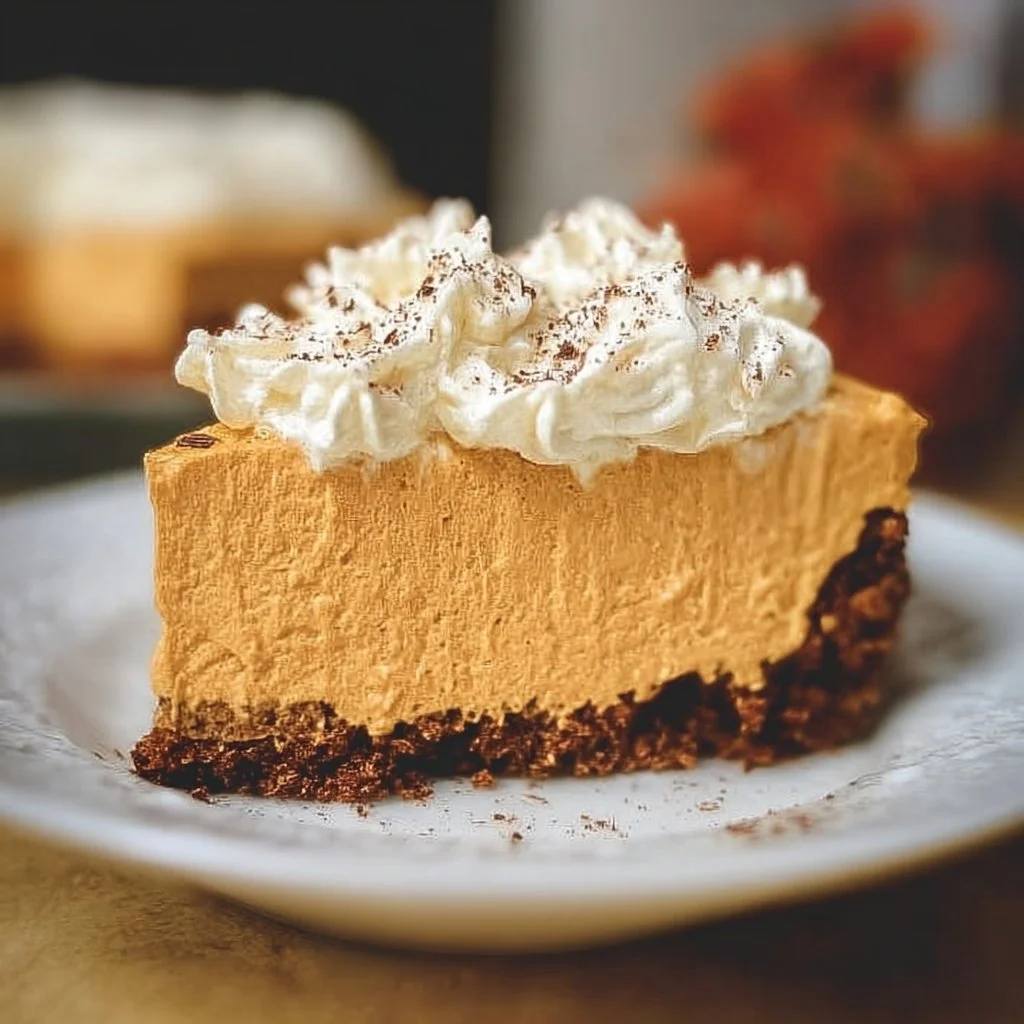 Delicious no-bake pumpkin silk pie served on a white plate with whipped cream.