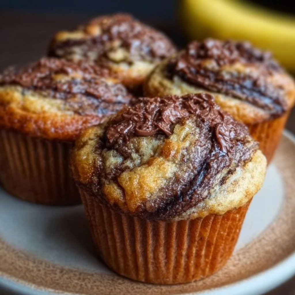 Freshly baked Nutella banana swirl muffins on a wooden table