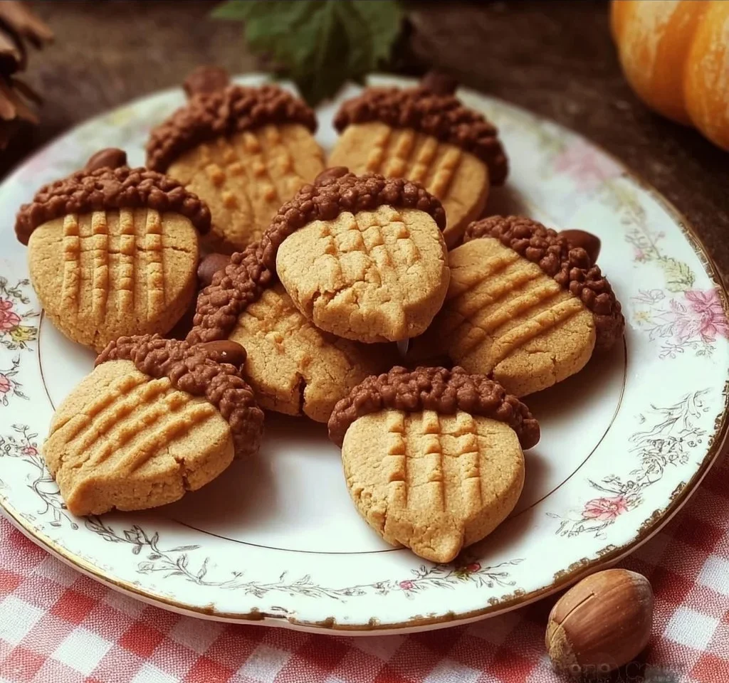 Plate of Nutter Butter Acorn Cookies decorated with chocolate and sprinkles