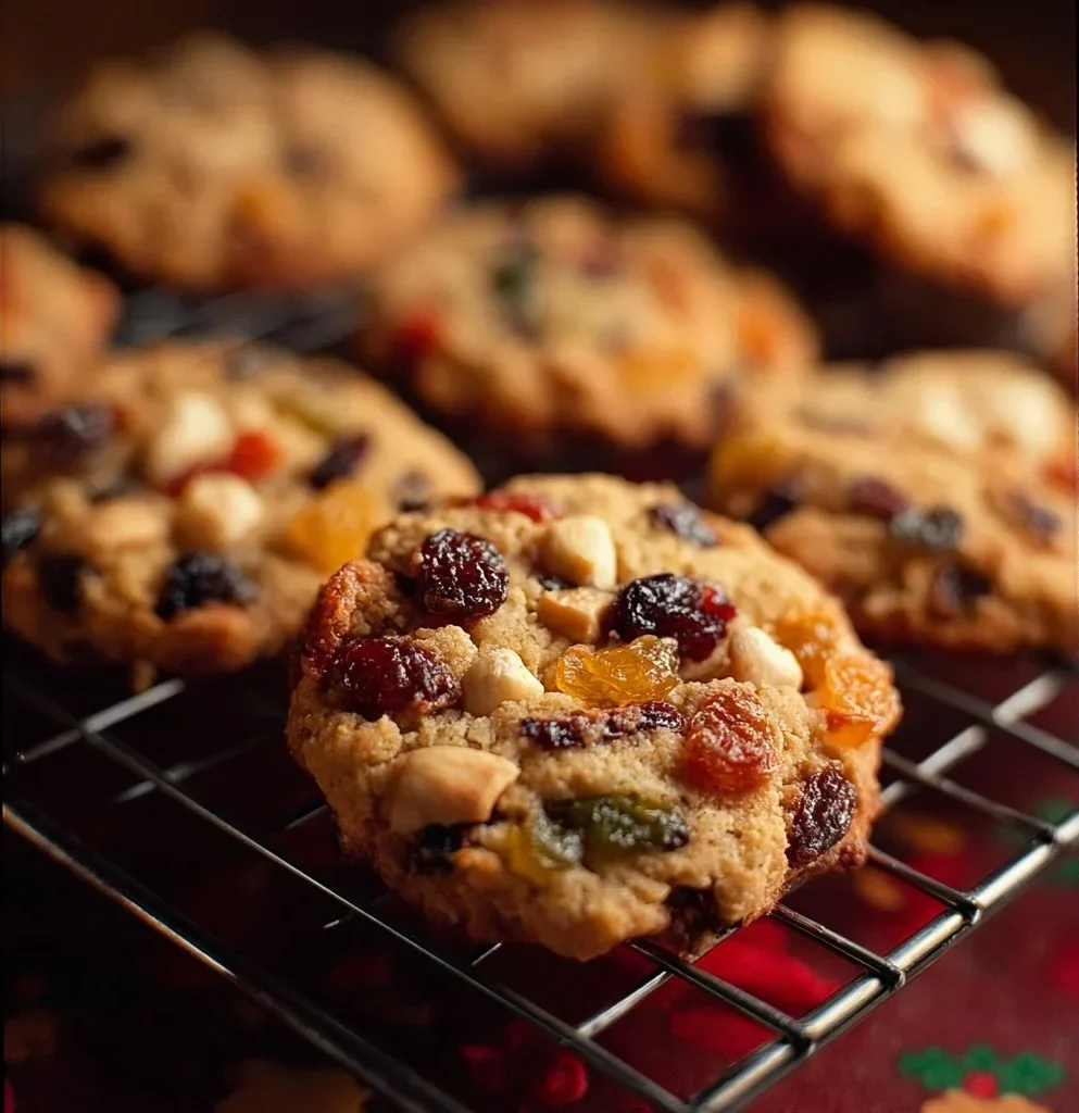 Old fashioned fruitcake cookies with nuts and dried fruits on a rustic background