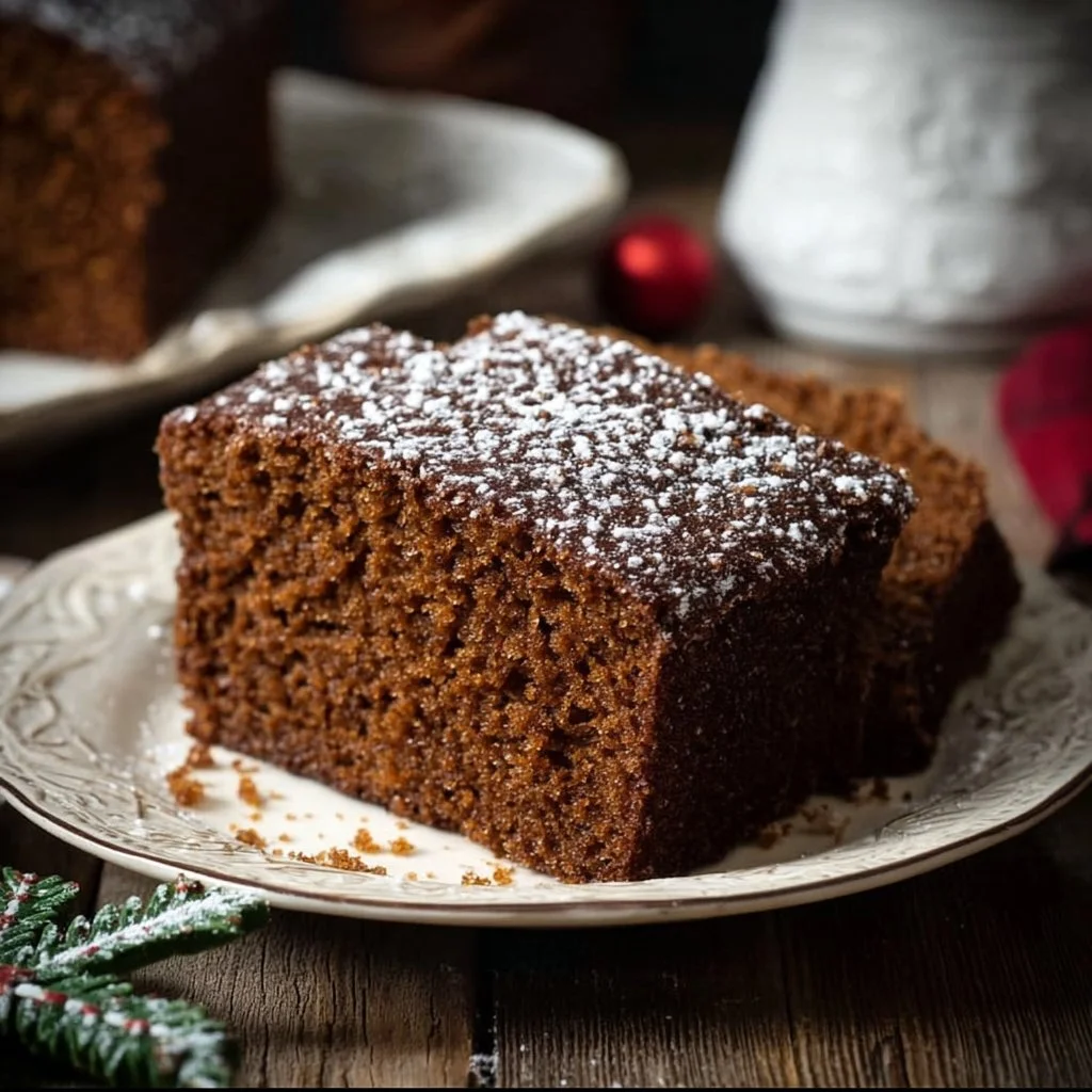 Slice of old-fashioned gingerbread cake with spices and frosting on a plate