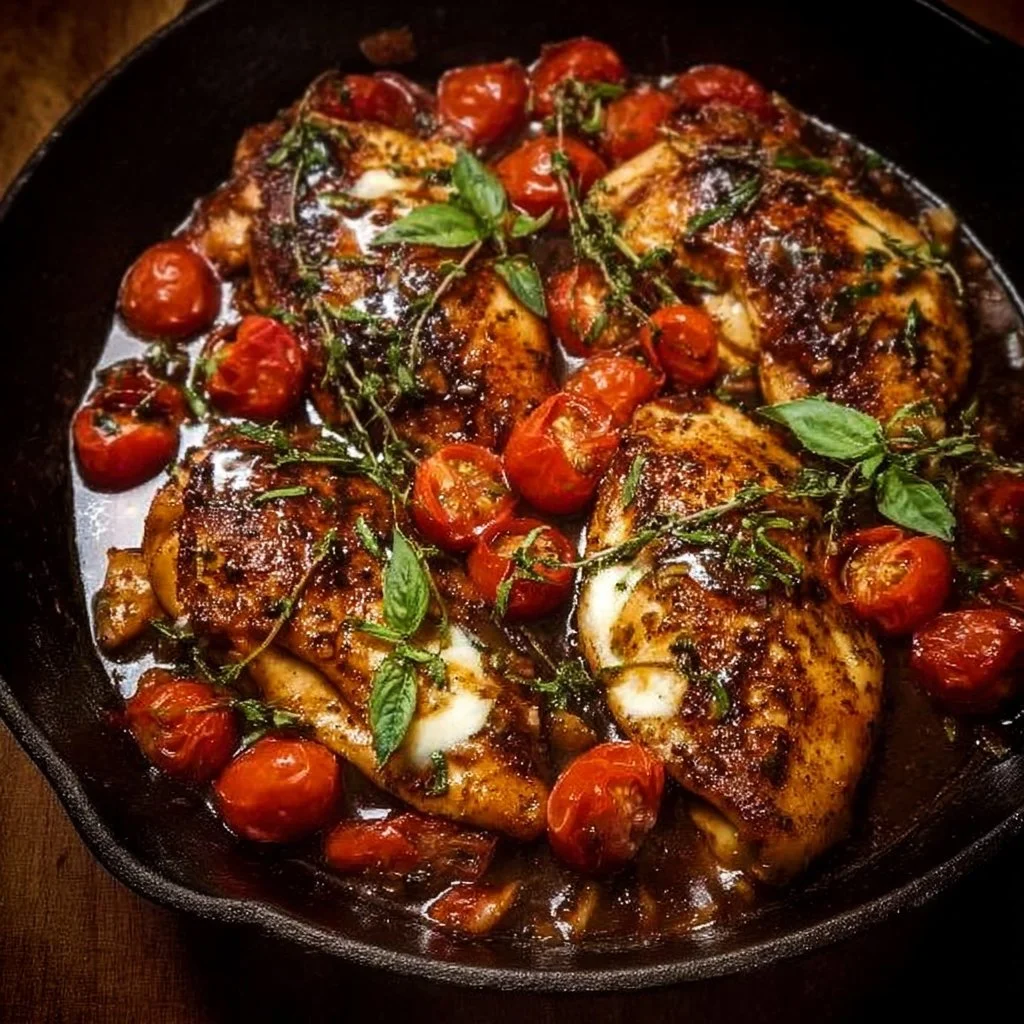 Delicious one-pan balsamic chicken dish served with vegetables