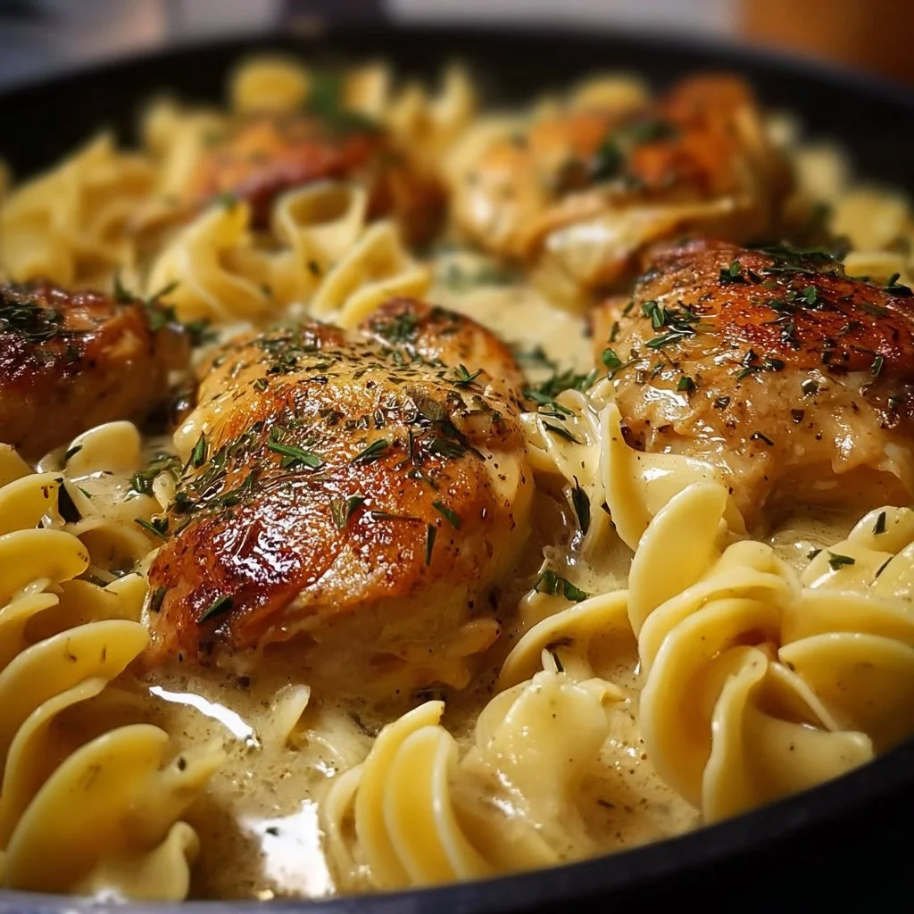 One-Pan Chicken served with buttery noodles in a delicious meal presentation.