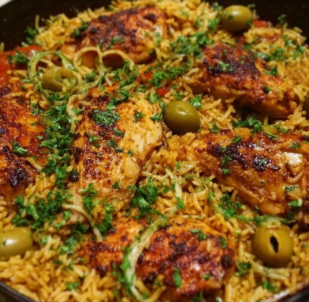 One Pan Mediterranean Chicken and Rice dish with colorful vegetables and herbs