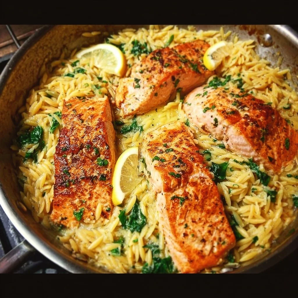 One skillet salmon dish served with lemon orzo, a quick and easy meal idea.