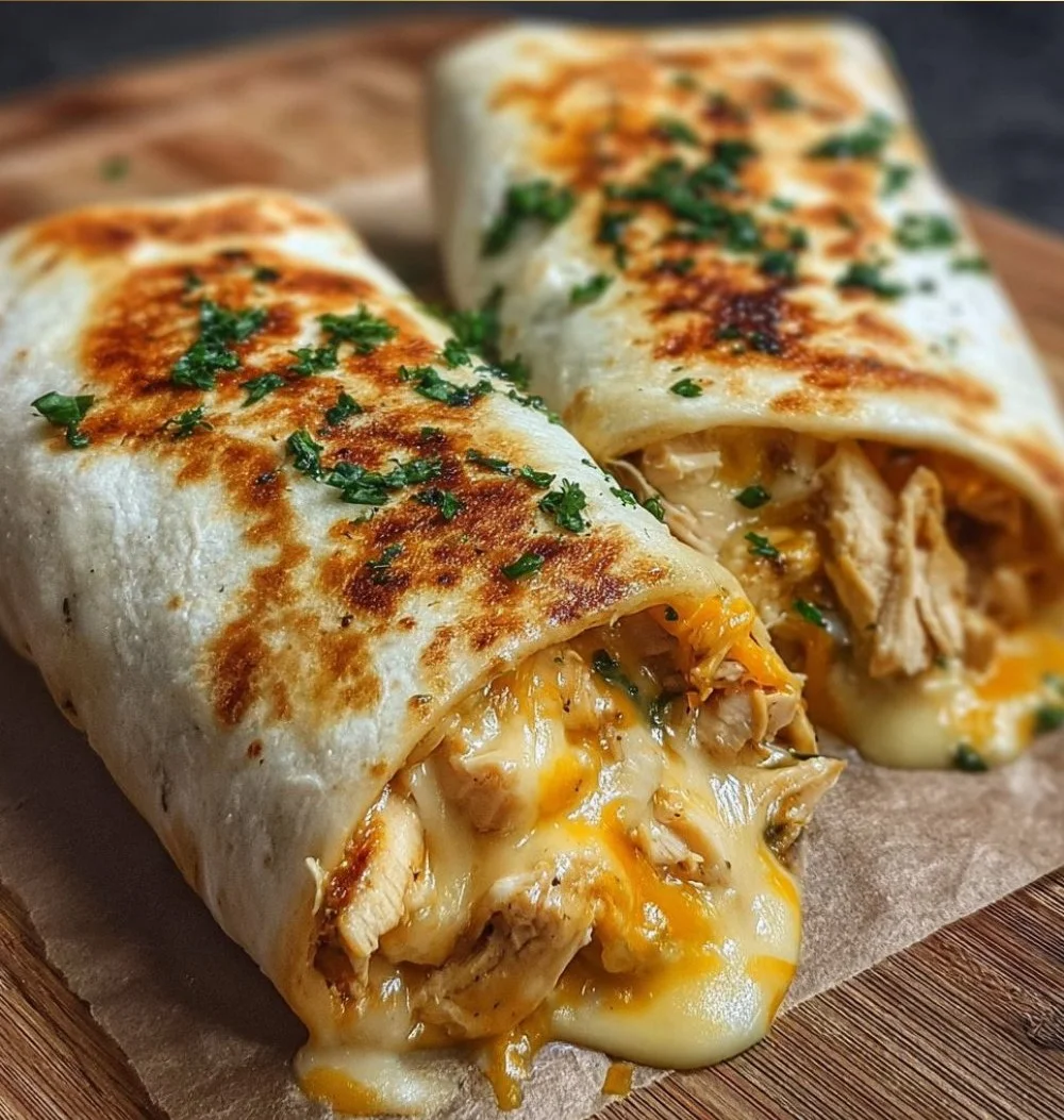 Delicious ooey-gooey cheesy garlic chicken wraps on a plate
