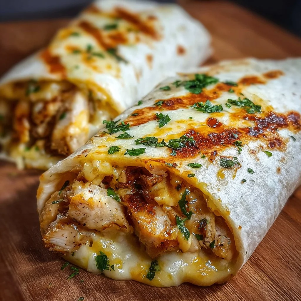 Delicious cheesy garlic chicken wraps on a plate ready to eat