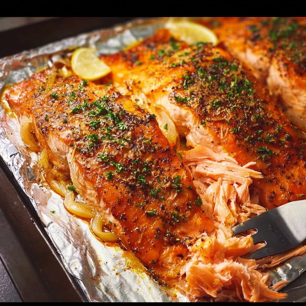 Delicious oven baked salmon fillet on a plate garnished with herbs