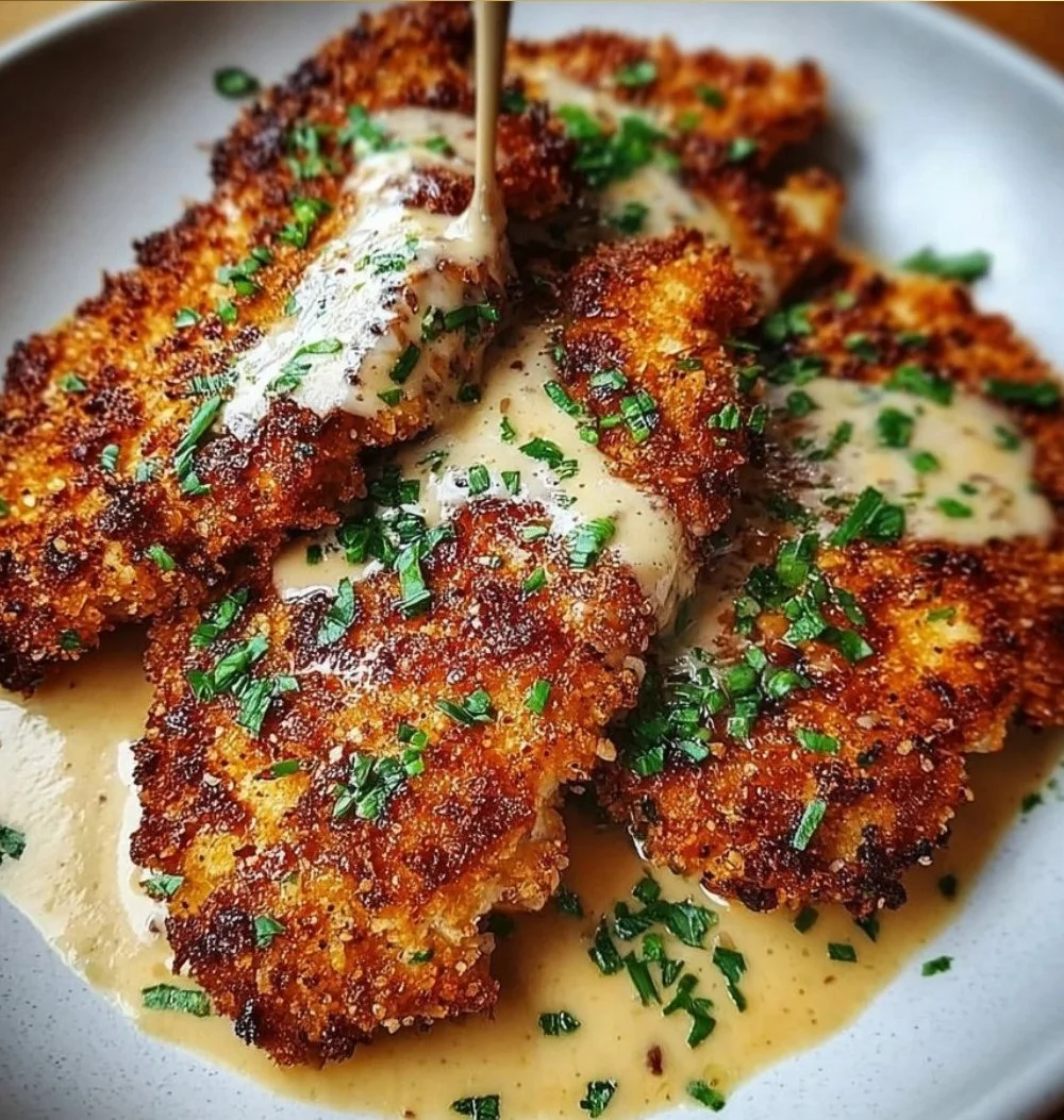 Plate of crispy Parmesan Crusted Chicken with herbs and spices
