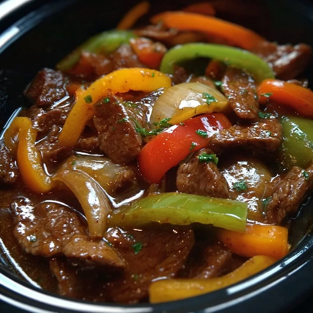 Delicious pepper steak cooked in a crock pot with vibrant bell peppers.