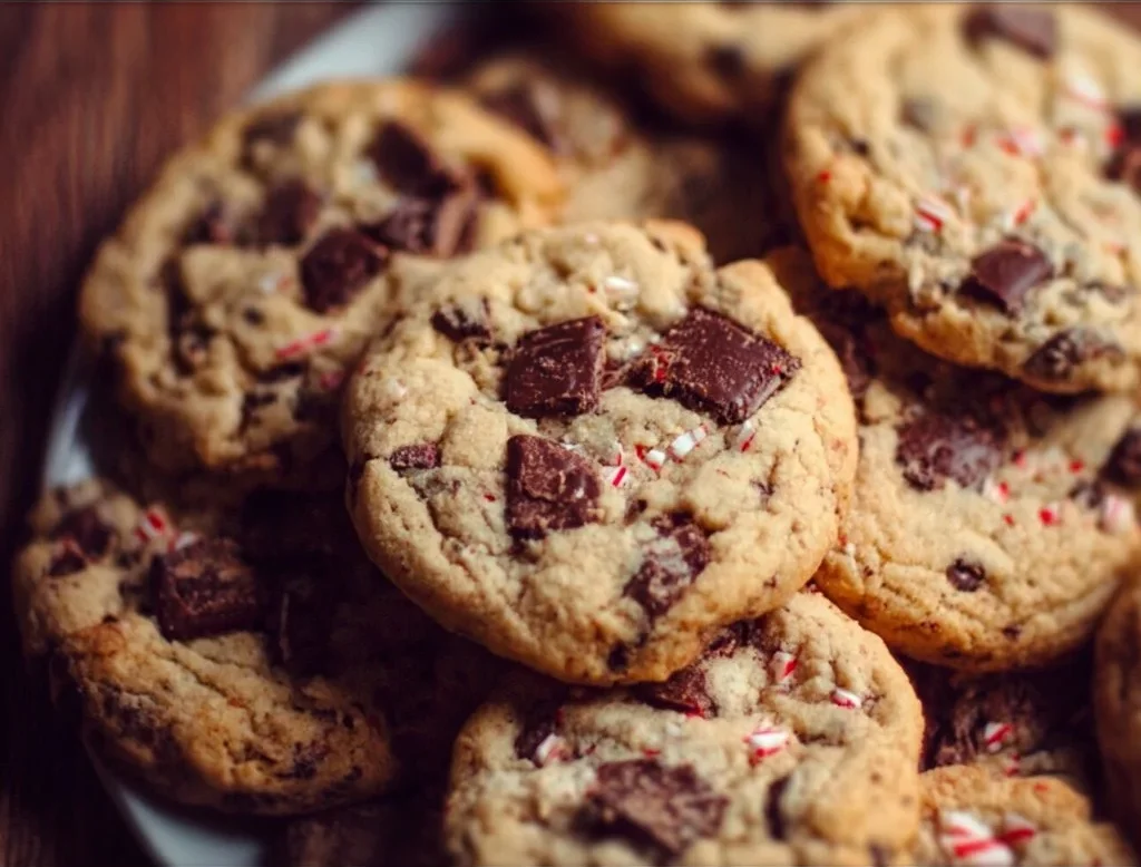 Delicious peppermint chocolate chip cookies on a festive plate