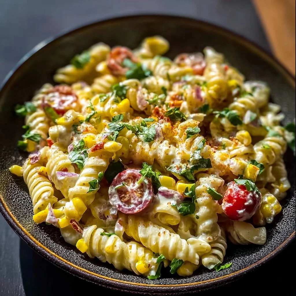 Delicious Mexican street corn pasta salad with vibrant toppings and flavors.